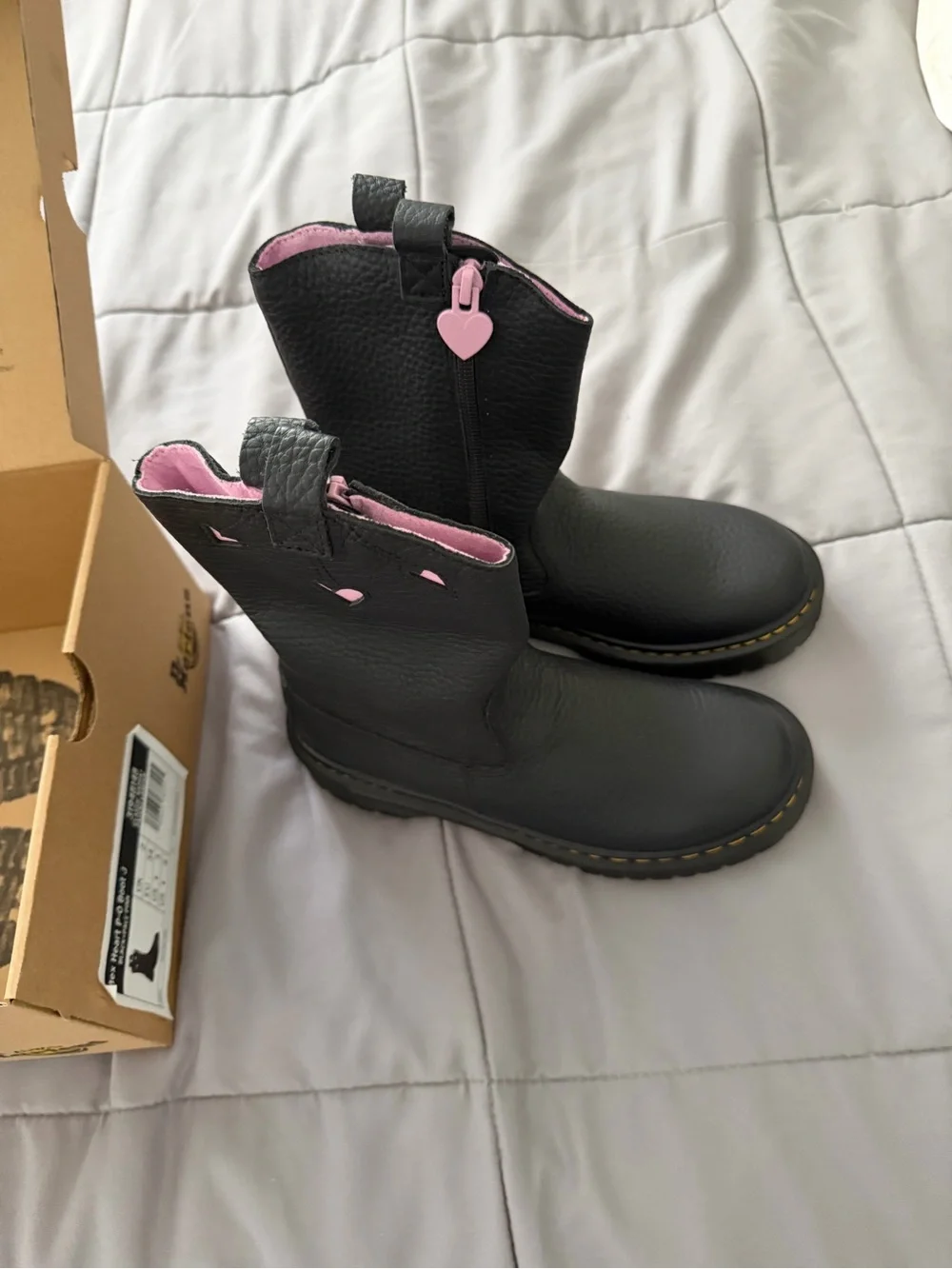 Dr. Martens Kids Black Leather Boots with Pink Heart Accents